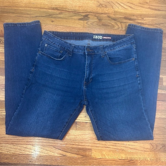 IZOD Comfort Stretch Straight Fit Men's Blue Jeans 36x32 Elastic Waist - Picture 1 of 6